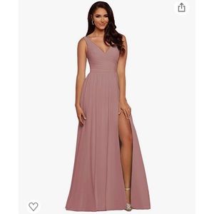 V-Neck Dress with Slit Chiffon A-line Pleated Formal Dresses